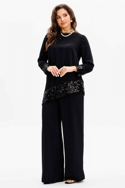 Черный костюм с блузой и брюками палаццо на резинке Mislana 1136 - фото 9