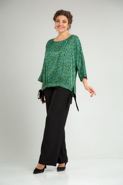 Нарядный двойной комплект из блузона и брюк с принтом TVIN 7829 зеленый - фото 17