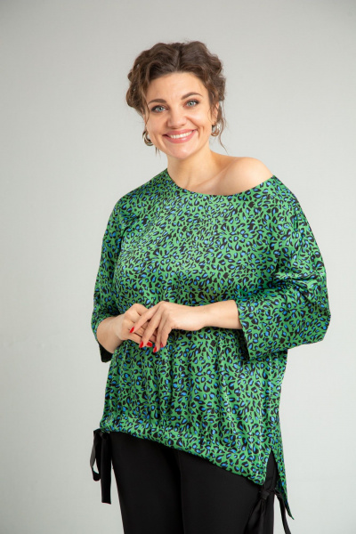 Нарядный двойной комплект из блузона и брюк с принтом TVIN 7829 зеленый - фото 16