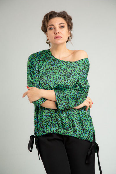 Нарядный двойной комплект из блузона и брюк с принтом TVIN 7829 зеленый - фото 15