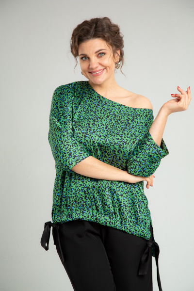 Нарядный двойной комплект из блузона и брюк с принтом TVIN 7829 зеленый - фото 14