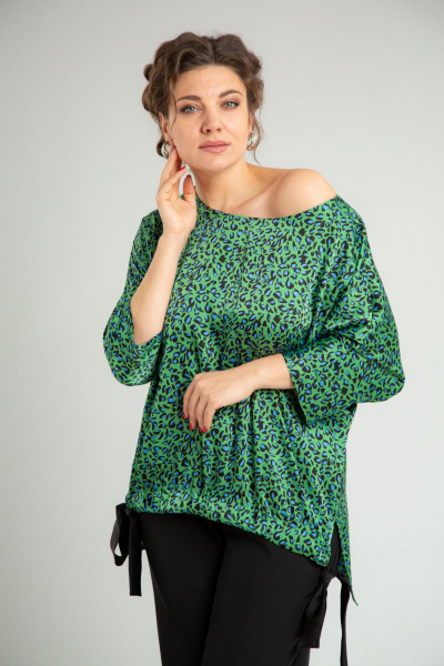 Нарядный двойной комплект из блузона и брюк с принтом TVIN 7829 зеленый - фото 13