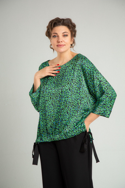 Нарядный двойной комплект из блузона и брюк с принтом TVIN 7829 зеленый - фото 12