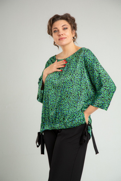 Нарядный двойной комплект из блузона и брюк с принтом TVIN 7829 зеленый - фото 11