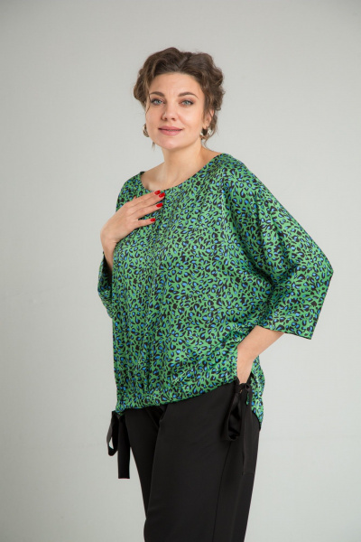 Нарядный двойной комплект из блузона и брюк с принтом TVIN 7829 зеленый - фото 10