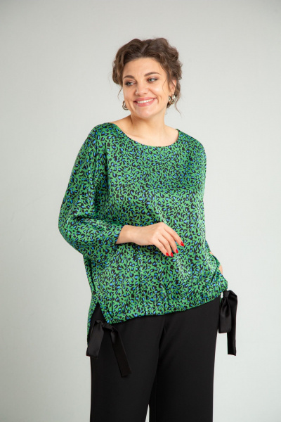 Нарядный двойной комплект из блузона и брюк с принтом TVIN 7829 зеленый - фото 9