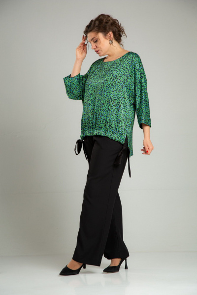 Нарядный двойной комплект из блузона и брюк с принтом TVIN 7829 зеленый - фото 6