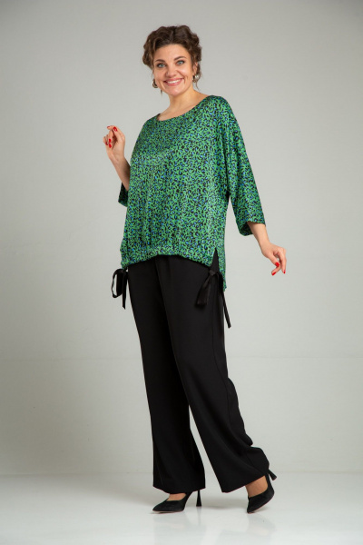 Нарядный двойной комплект из блузона и брюк с принтом TVIN 7829 зеленый - фото 4