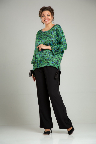Нарядный двойной комплект из блузона и брюк с принтом TVIN 7829 зеленый - фото 2