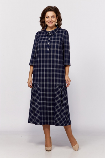 Платье прямого силуэта в клетку с вытачками и карманами ZigzagStyle 578 синий_клетка - фото 4