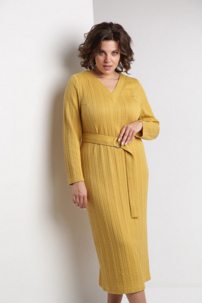Платье из мягкого трикотажа с V-образным вырезом и поясом ZigzagStyle 572 горчичный - фото 7