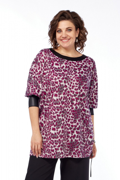 Туника свободного силуэта из трикотажа с экокожей LadisLine 1550 леопард - фото 1