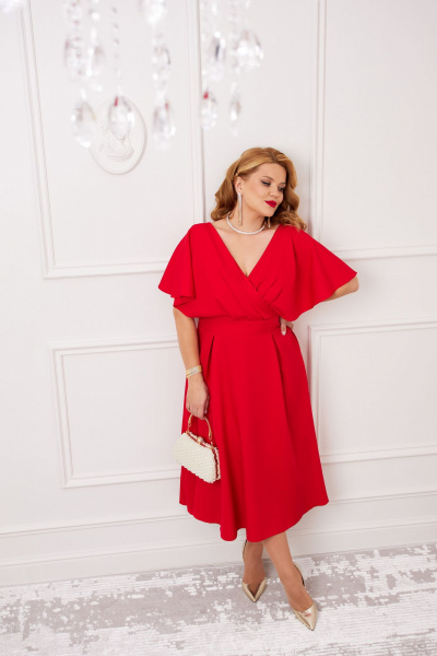 Красное платье с V-образным вырезом и расклешенной юбкой AGATTI 5655 красный - фото 9