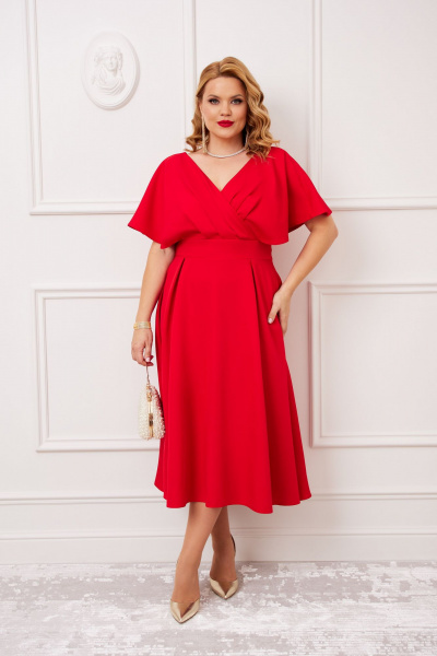 Красное платье с V-образным вырезом и расклешенной юбкой AGATTI 5655 красный - фото 4