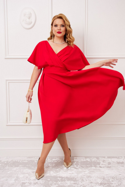 Красное платье с V-образным вырезом и расклешенной юбкой AGATTI 5655 красный - фото 1