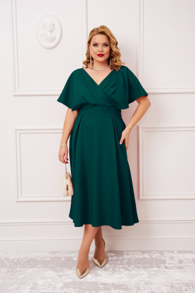 Зеленое платье с V-образным вырезом и запахом AGATTI 5655-1 изумрудный - фото 3