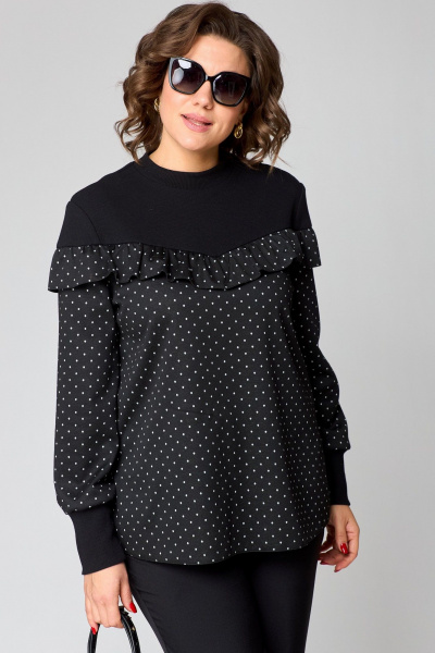 Блуза из двуединого трикотажа с рюшами из вискозы и стойкой воротник EVA GRANT 214-1 принт_горох - фото 8