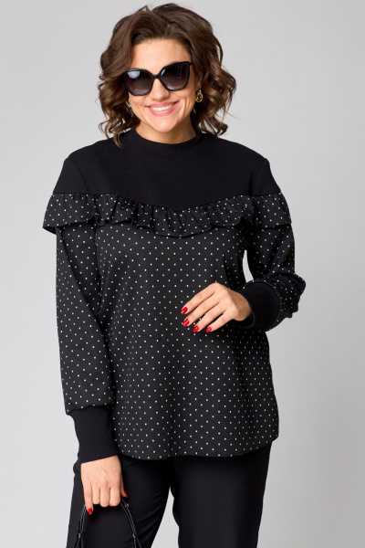 Блуза из двуединого трикотажа с рюшами из вискозы и стойкой воротник EVA GRANT 214-1 принт_горох - фото 1