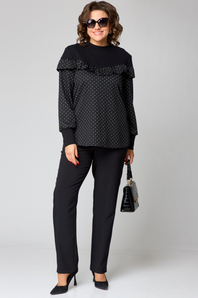 Блуза из двуединого трикотажа с рюшами из вискозы и стойкой воротник EVA GRANT 214-1 принт_горох - фото 6