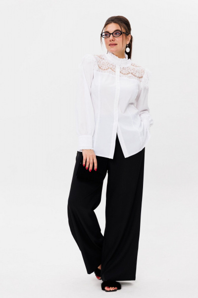 Деловая белая блуза с кружевными кокетками и оборками Anelli 1375 инь - фото 6