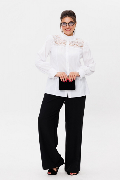 Деловая белая блуза с кружевными кокетками и оборками Anelli 1375 инь - фото 2