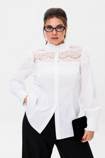Деловая белая блуза с кружевными кокетками и оборками Anelli 1375 инь - фото 1