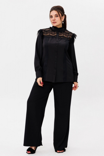 Демисезонная черная блуза с кружевными вставками и разрезами Anelli 1375 ян - фото 8