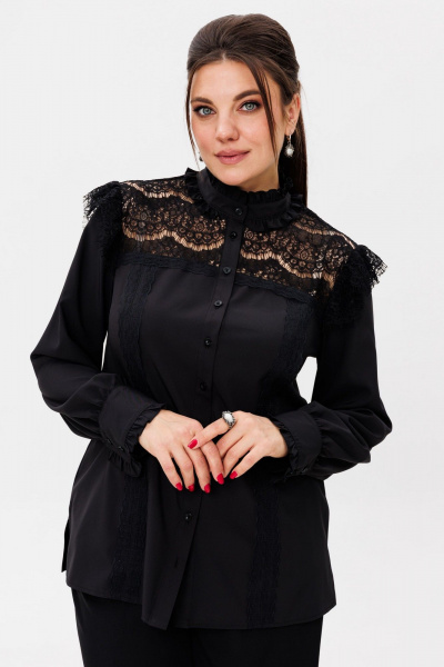 Демисезонная черная блуза с кружевными вставками и разрезами Anelli 1375 ян - фото 7