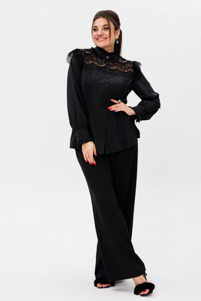 Демисезонная черная блуза с кружевными вставками и разрезами Anelli 1375 ян - фото 2