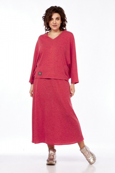 Костюм женский из трикотажа с юбкой и декоративной вставкой Диомант 2020 коралл - фото 9