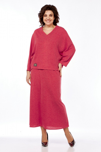 Костюм женский из трикотажа с юбкой и декоративной вставкой Диомант 2020 коралл - фото 1