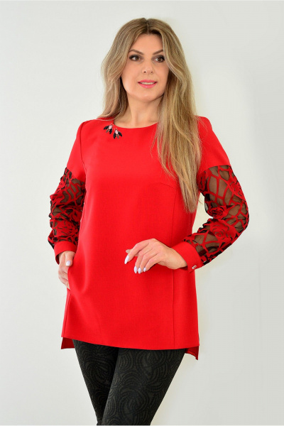 Блуза нарядная из ткани с ажурной отделкой на каждый день Needle 384/5 красный - фото 2