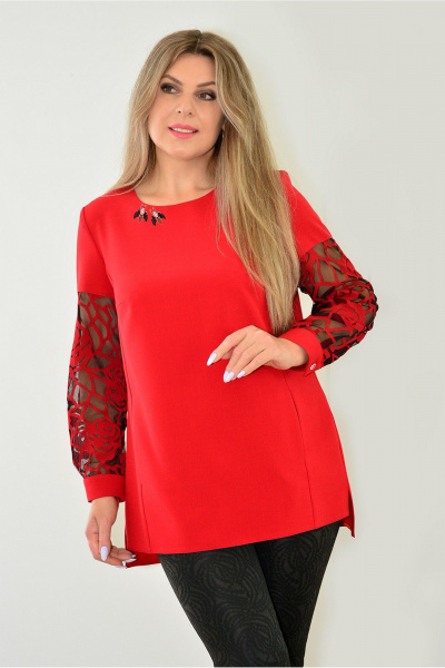 Блуза нарядная из ткани с ажурной отделкой на каждый день Needle 384/5 красный - фото 1