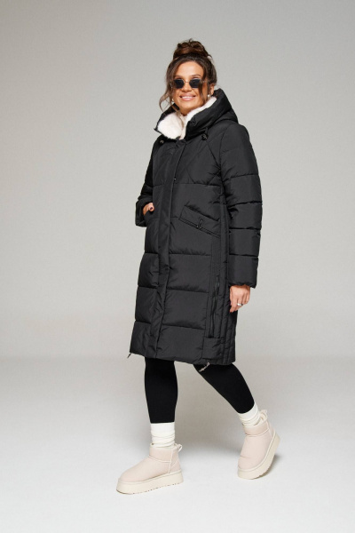 Зимнее стеганое пальто прямого силуэта с капюшоном Beautiful&Free 6299 черный - фото 3