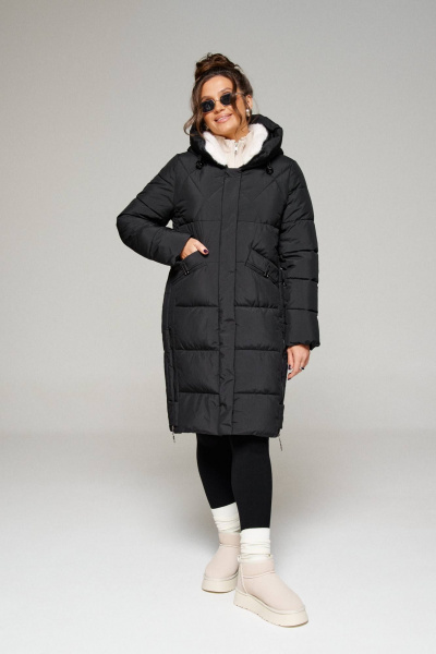 Зимнее стеганое пальто прямого силуэта с капюшоном Beautiful&Free 6299 черный - фото 1