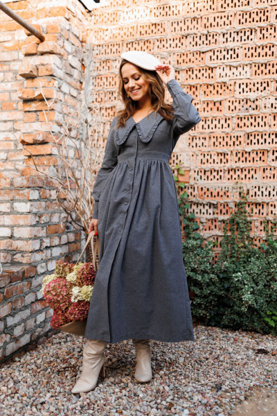 Платье демисезонное из фланели с отложным воротником и сборкой Marshop М129 серый - фото 1