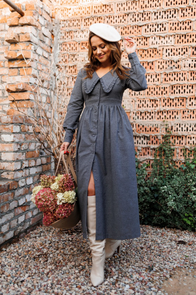 Платье демисезонное из фланели с отложным воротником и сборкой Marshop М129 серый - фото 4