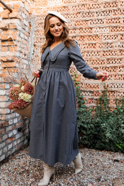 Платье демисезонное из фланели с отложным воротником и сборкой Marshop М129 серый - фото 2