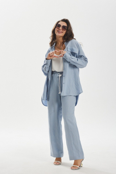 Комбинированный леняной брюк и рубашки оверсайз MALI 724-021 голубой - фото 2