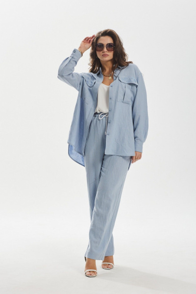 Комбинированный леняной брюк и рубашки оверсайз MALI 724-021 голубой - фото 1
