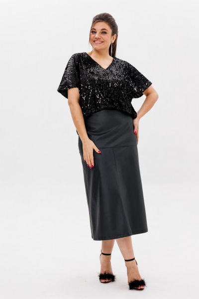 Круглогодичная черная блузка из пайеток с V-образным вырезом Anelli 1522 ликер - фото 8