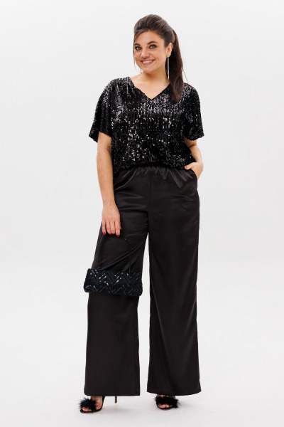 Круглогодичная черная блузка из пайеток с V-образным вырезом Anelli 1522 ликер - фото 6