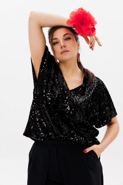 Круглогодичная черная блузка из пайеток с V-образным вырезом Anelli 1522 ликер - фото 5