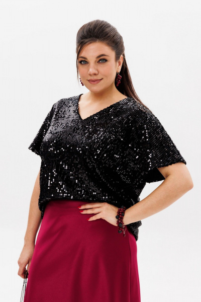 Круглогодичная черная блузка из пайеток с V-образным вырезом Anelli 1522 ликер - фото 3