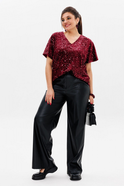 Круглогодняя красная блузка из пайеток с V-образным вырезом Anelli 1522 вино - фото 4