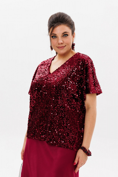 Круглогодняя красная блузка из пайеток с V-образным вырезом Anelli 1522 вино - фото 3