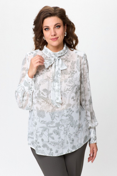 Блуза свободного силуэта с воротником-хомут и бант Svetlana-Style 1734 молочный-серый(веточки) - фото 1