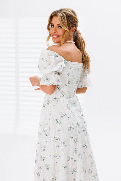 Платье из хлопка с отрезным лифом и драпировками для повседневного стиля Marshop M110-3К белый-зеленый - фото 7