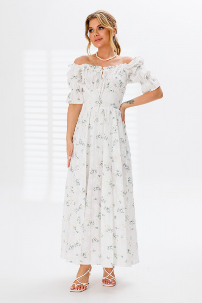 Платье из хлопка с отрезным лифом и драпировками для повседневного стиля Marshop M110-3К белый-зеленый - фото 1