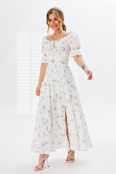 Платье из хлопка с отрезным лифом и драпировками для повседневного стиля Marshop M110-3К белый-зеленый - фото 4